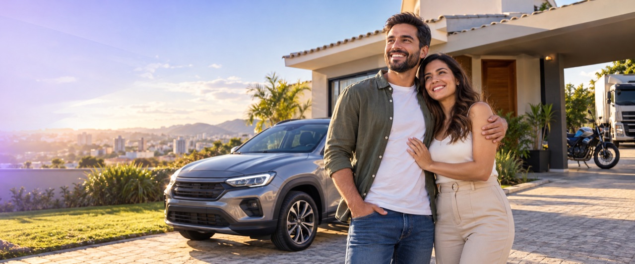 Casal sorrindo em frente à casa própria, com carro, moto e caminhão ao fundo