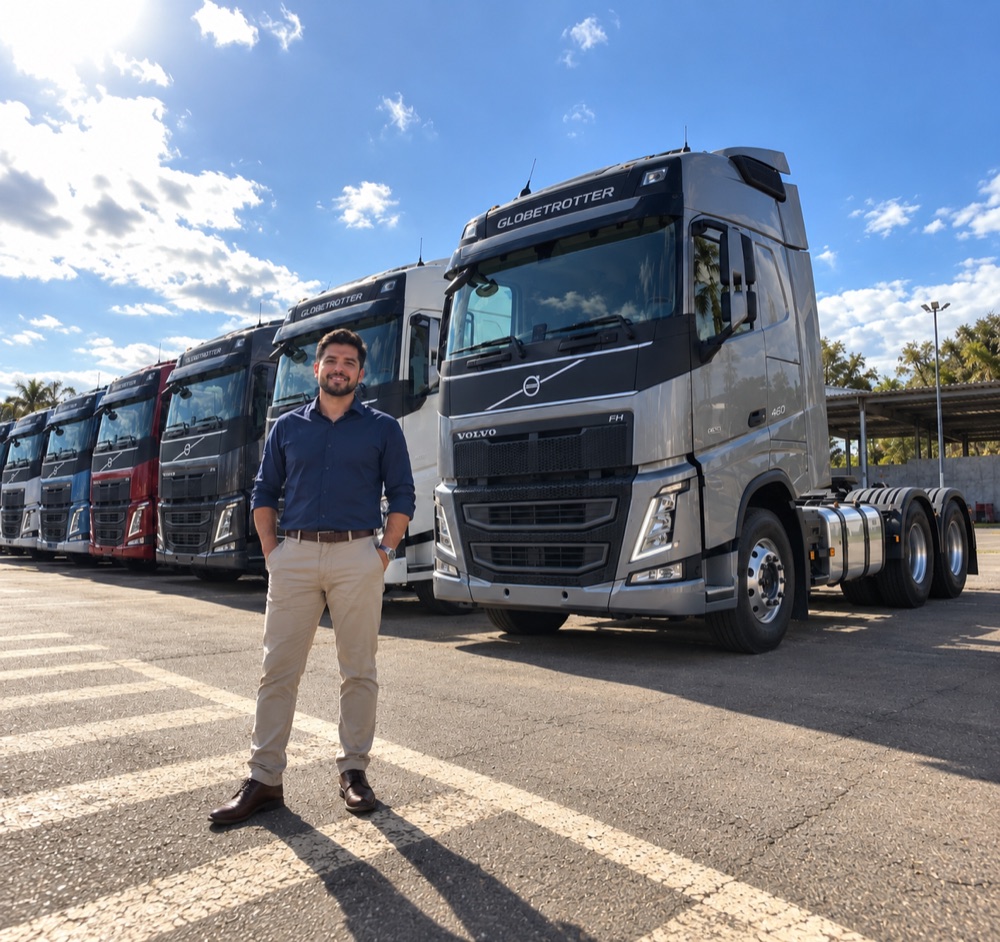 Jonas Clevelaro em frente à frota de caminhões