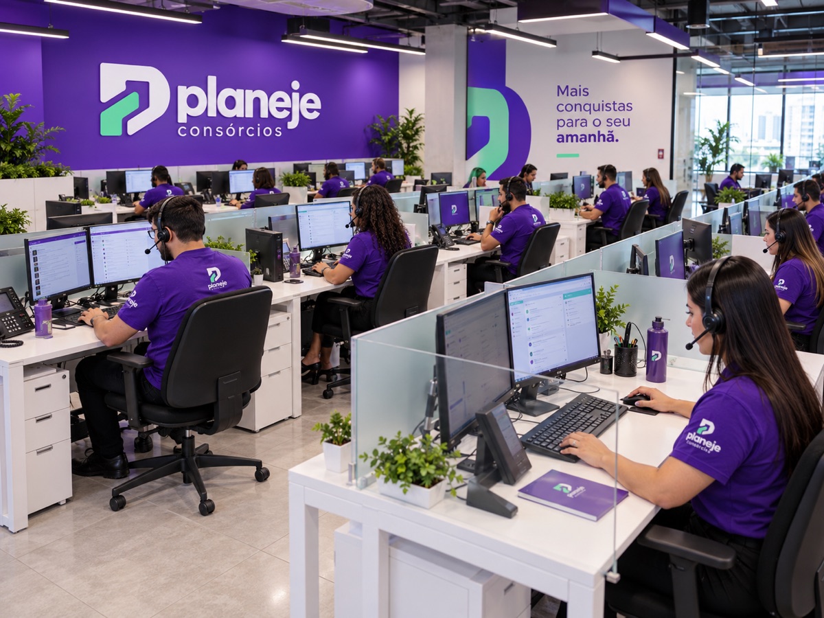 Equipe de consultores da Planeje Consórcios atendendo clientes online